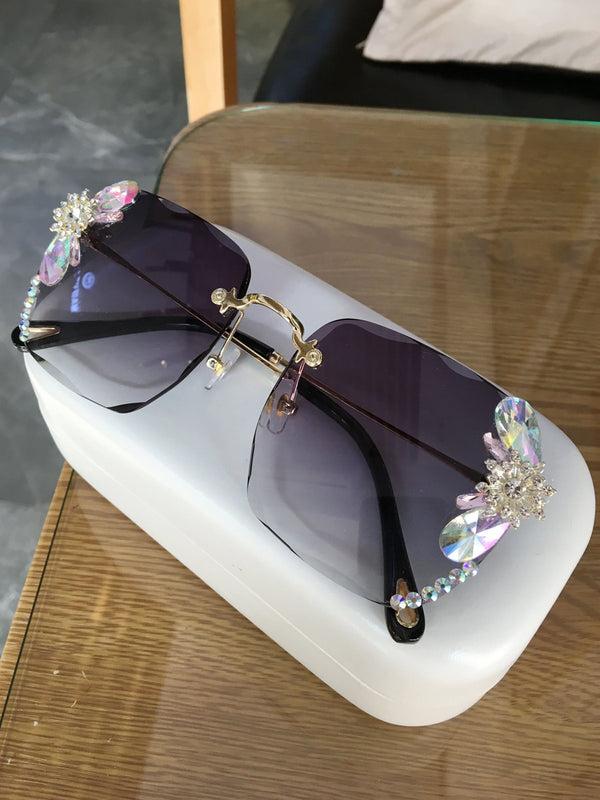 Frameless Trendy Rhinestone Sunglasses, Gradient Luxury Sunglasses Women